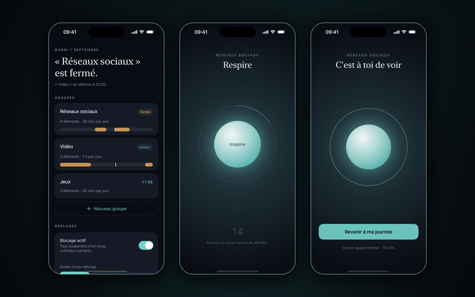 Schedule Blocker on three phones: the home screen with app groups and 24-hour day bands, the guided breathing ritual, and the final choice to return to your day or open anyway